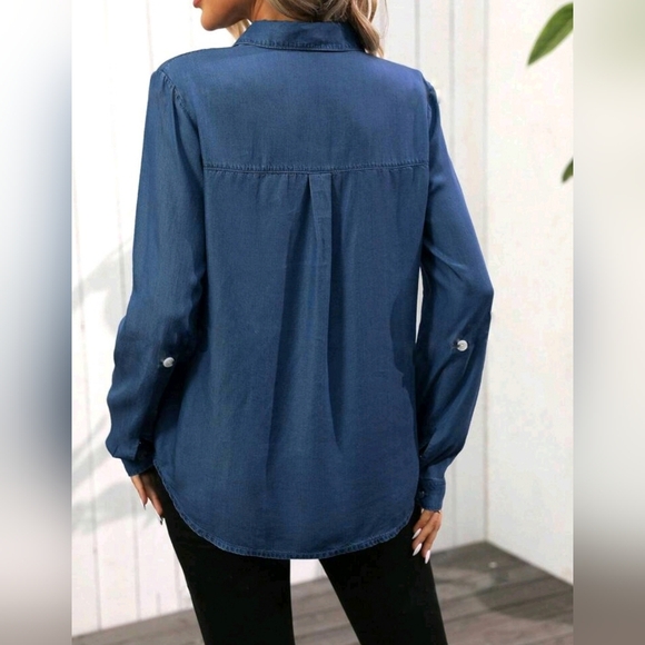 New Classic Dark Chambray Denim Button Down Shirt Top Dark Wash Blue Jean - Picture 4 of 7
